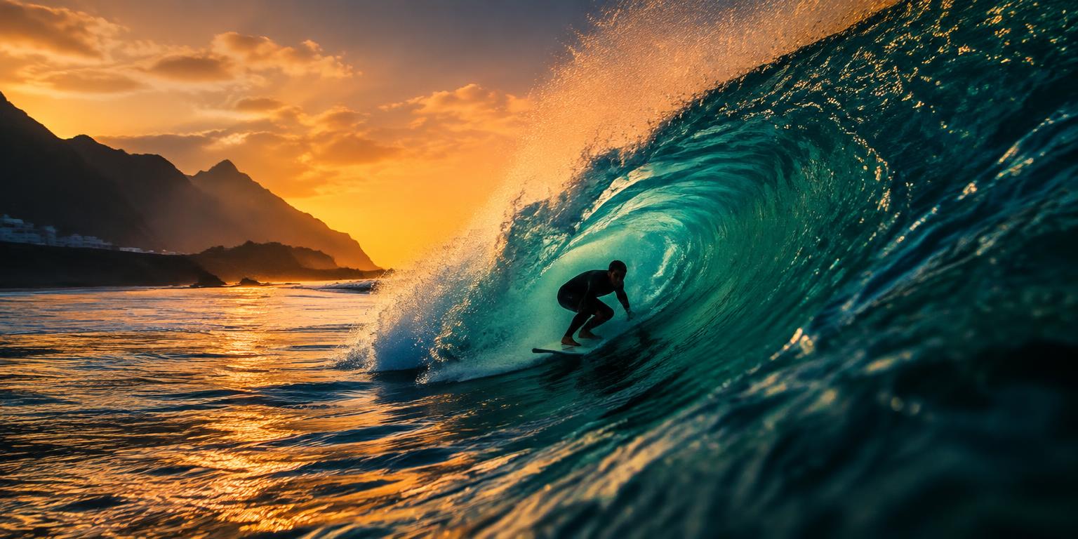 Surfista cogiendo una ola en la costa canaria
